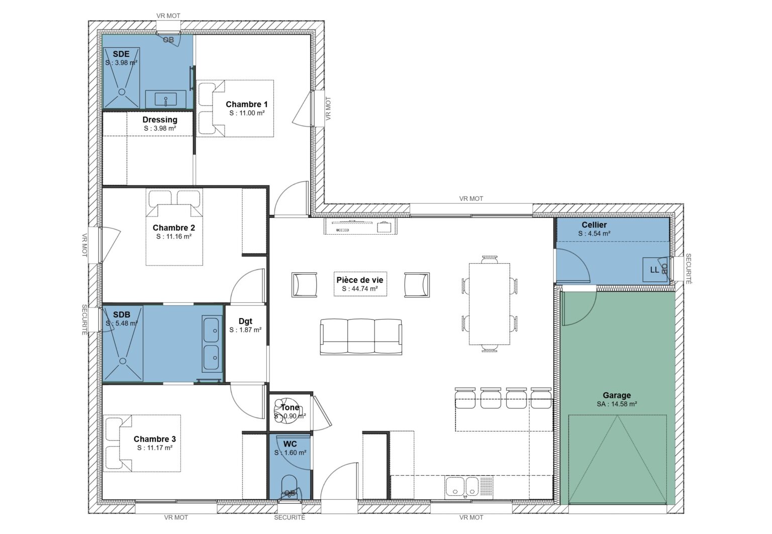 Modèle en L (Victoria) - 90 m2 - suite parentale - 2 chambres