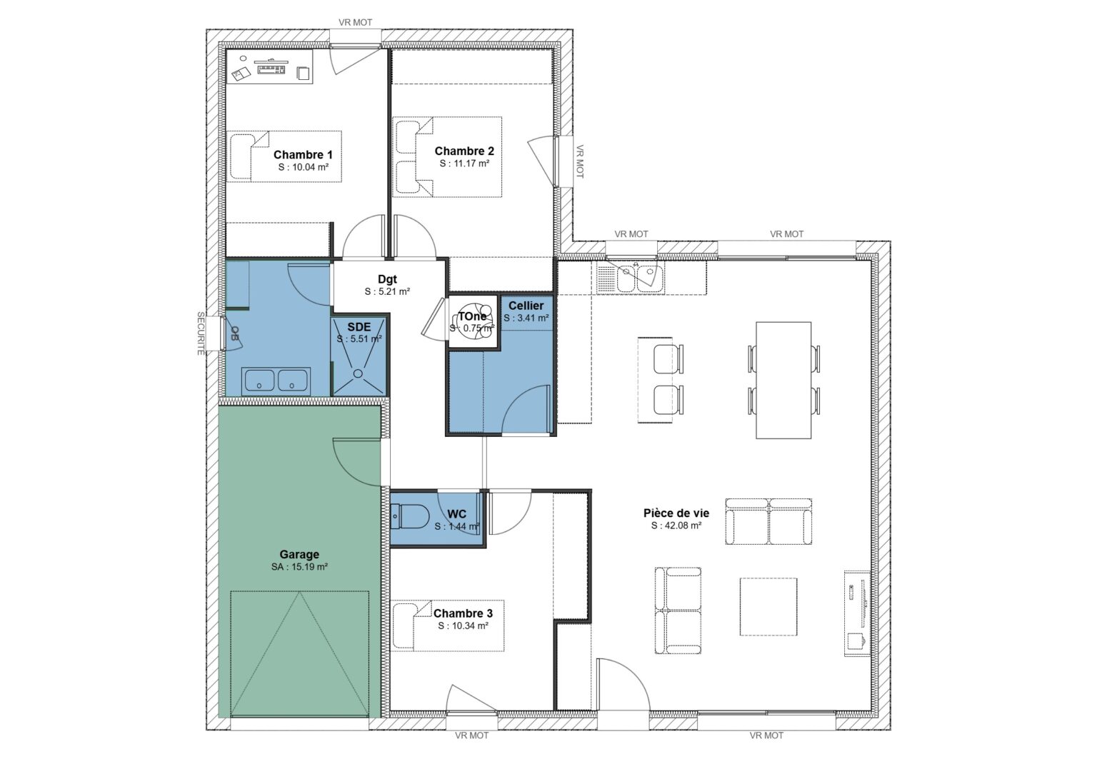 Plan modèle en L, 90 m2, 3 chambres, modèle victoria