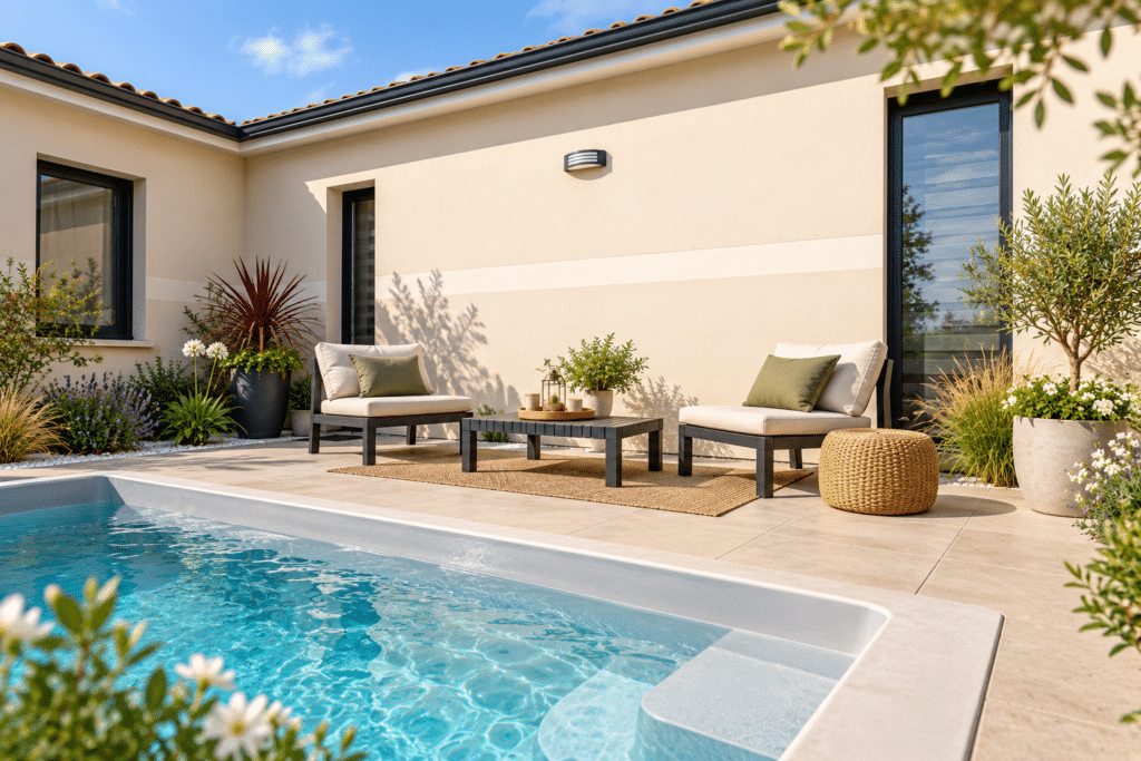 terrasse végétalisé avec piscine d'un modèle de maison en L