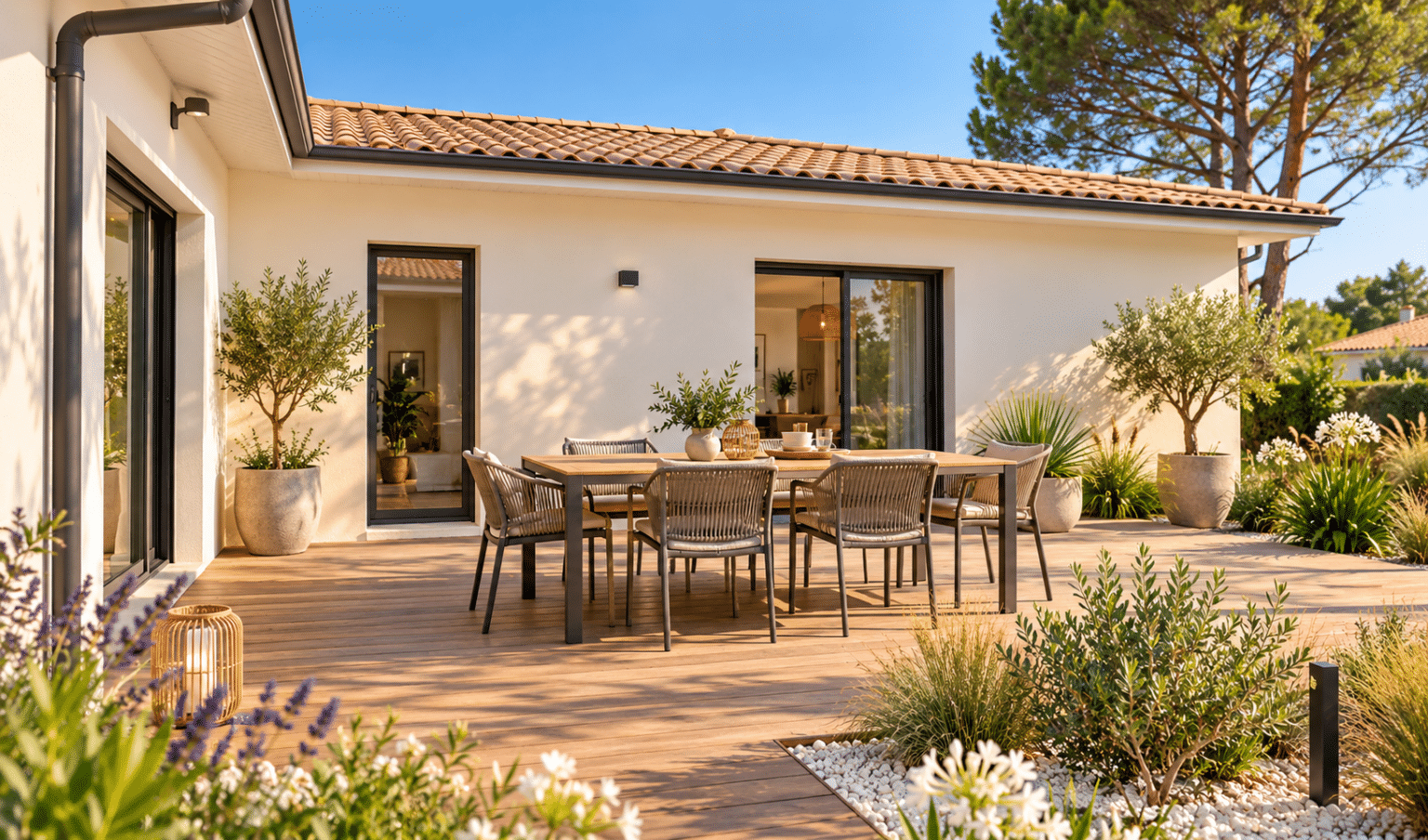Terrasse mediterraneenne avec table conviviale d'un modèle de maison en L