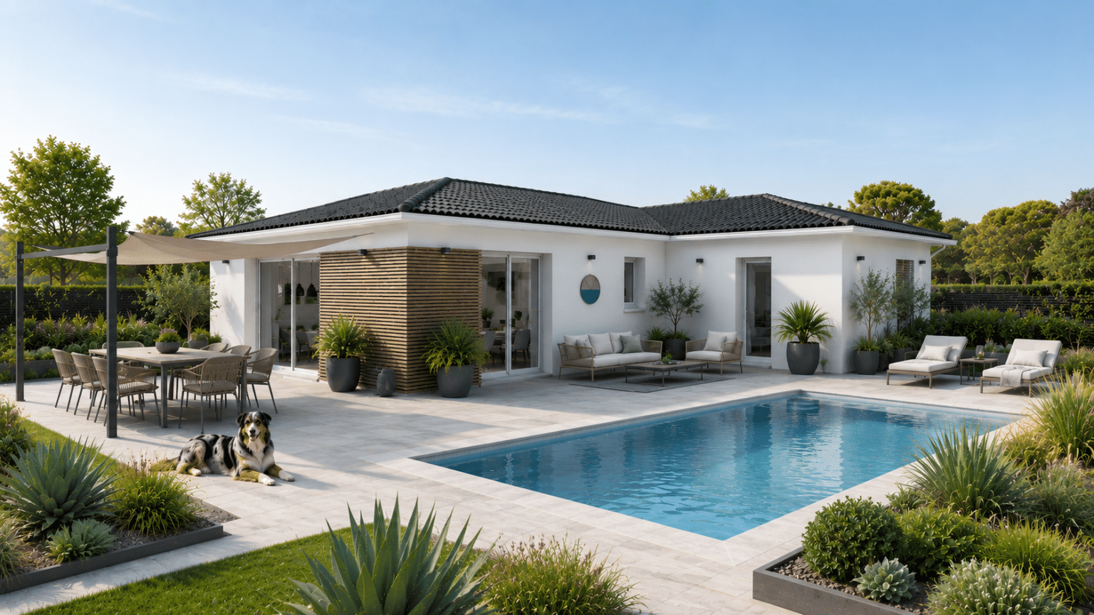façade arrière modèle de maison en forme de L, tuiles noires