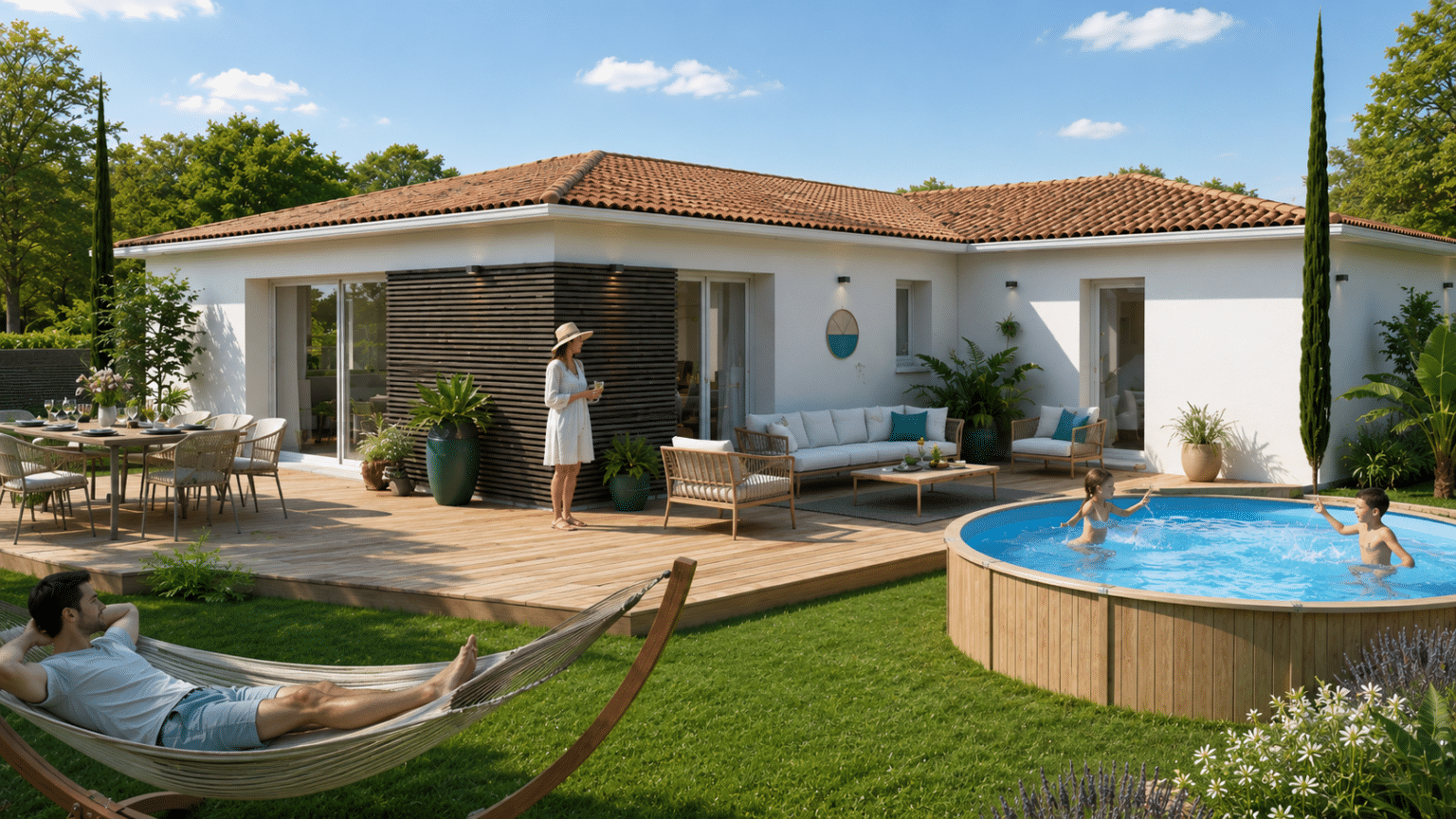 façade arrière modèle de maison en forme de L, tuiles terre cuite