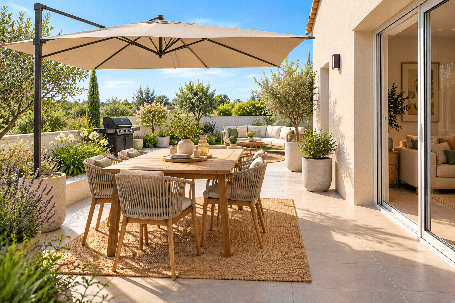 Terrasse méditerranéenne sous parasol