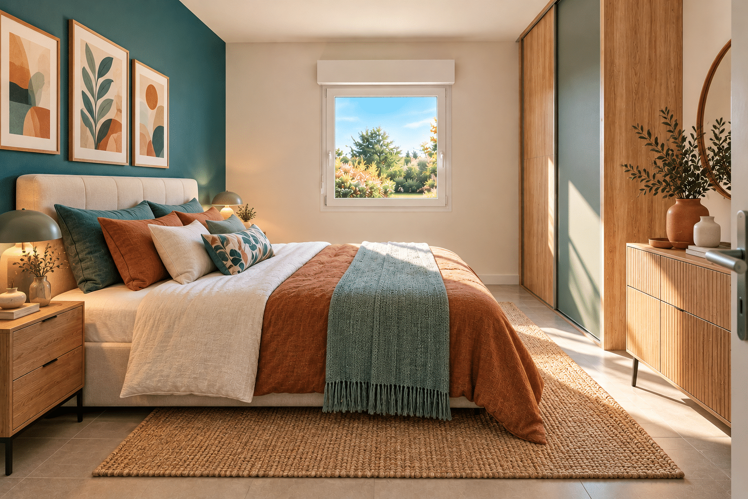 modele de maison carré_chambre scandinave aux accents terracotta et bleu canard