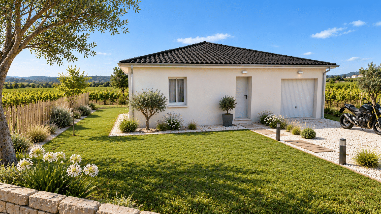 façade avant du modèle de maison POP ! Carré, tuiles noires, secteur rural