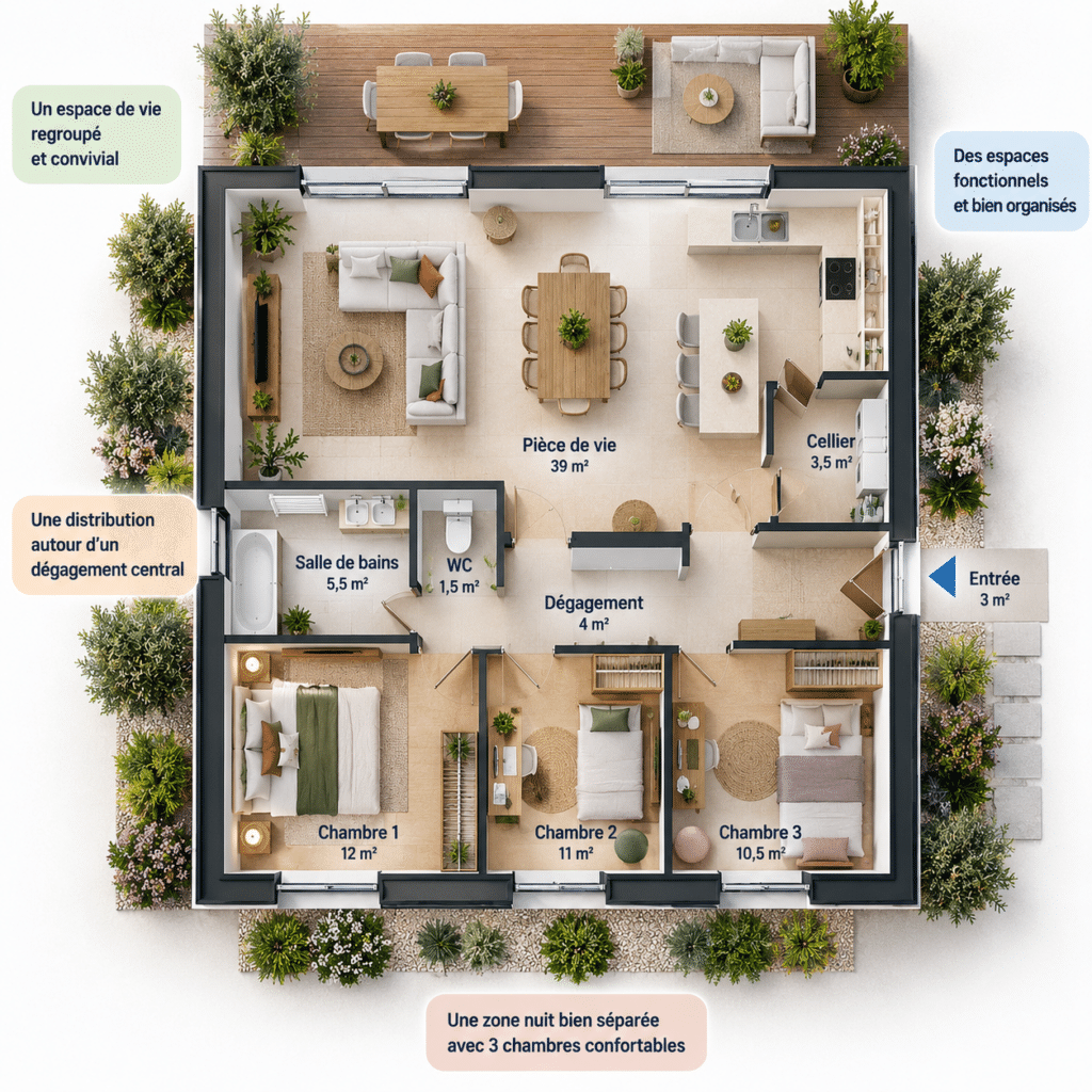 Plan de maison moderne avec terrasse végétalisée