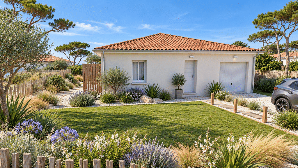 façade avant du modèle de maison POP ! Carré, tuiles terre cuite, secteur littoral